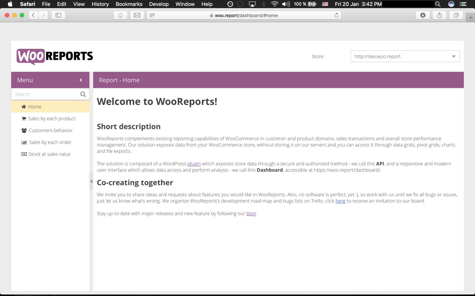 Welcome screen of WooReports