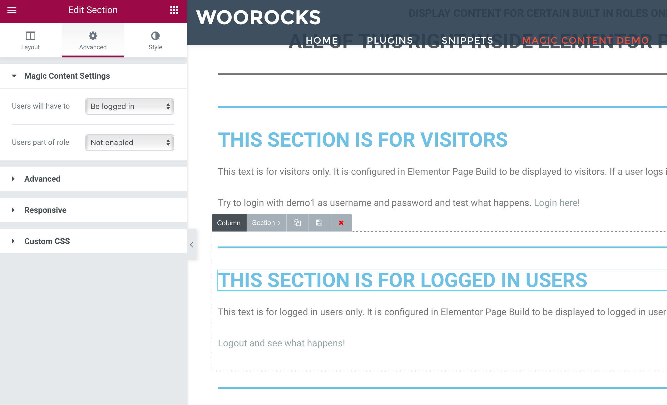Here you can see that we can also alter several sections on one page. So with Magic Content you can choose to have different restrictions