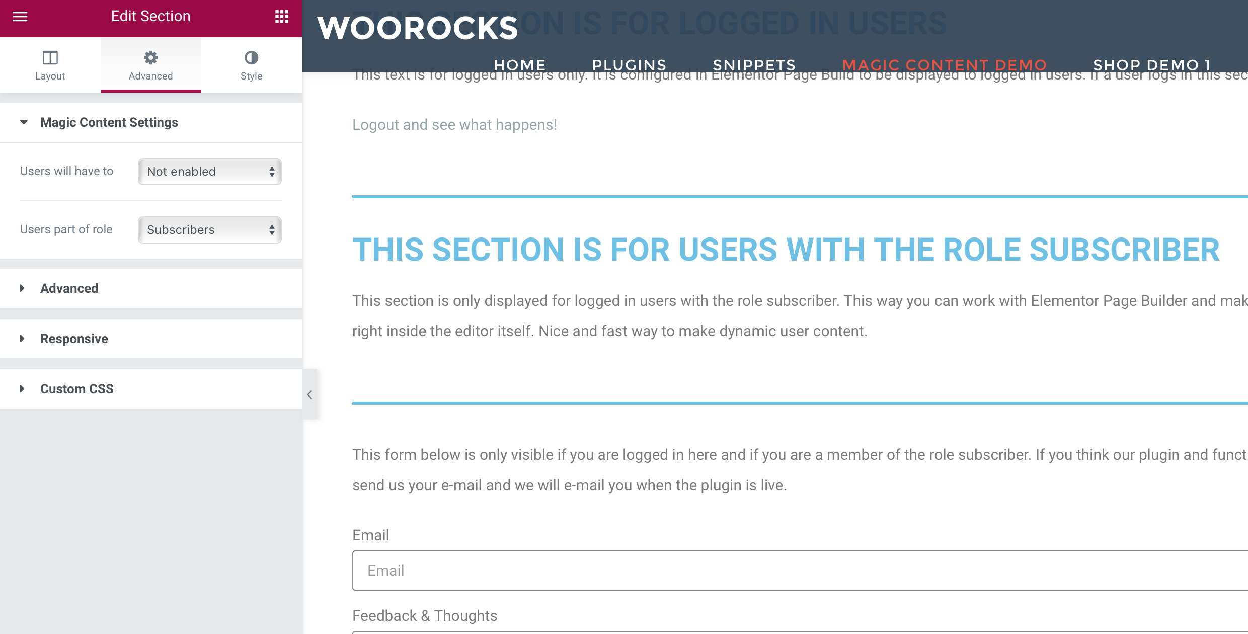 This demosection is only displayed for users inside the role subscriber.