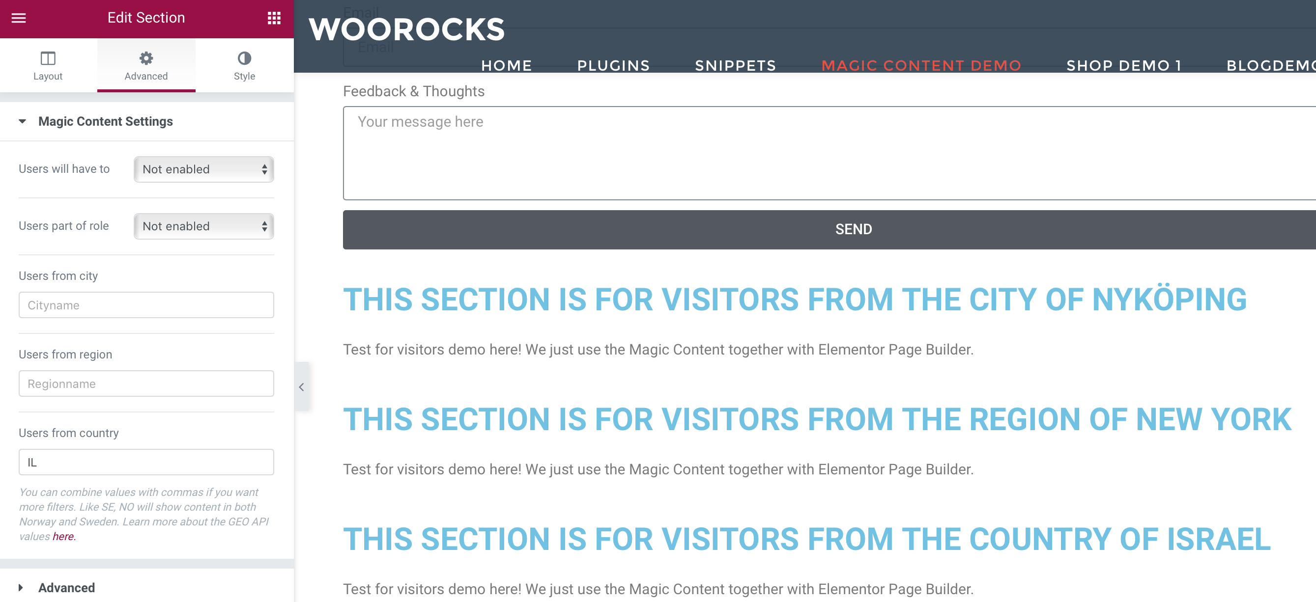 From version 1.0.5 you can also set GEO filters for country, region and city as the screenshot shows you. This way you can protect your content in Wordpress by country, region and country.