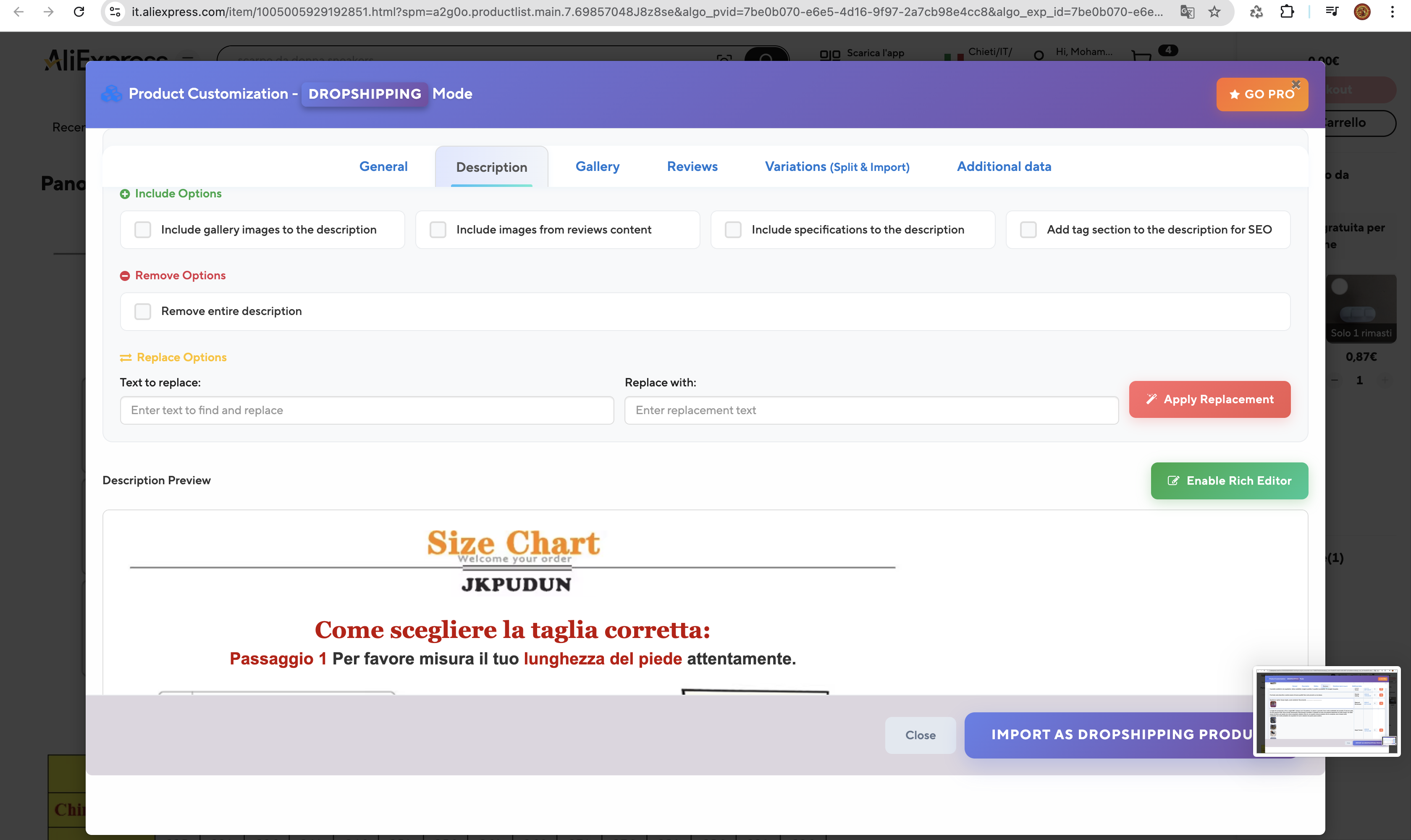 Chrome extension in action on AliExpress