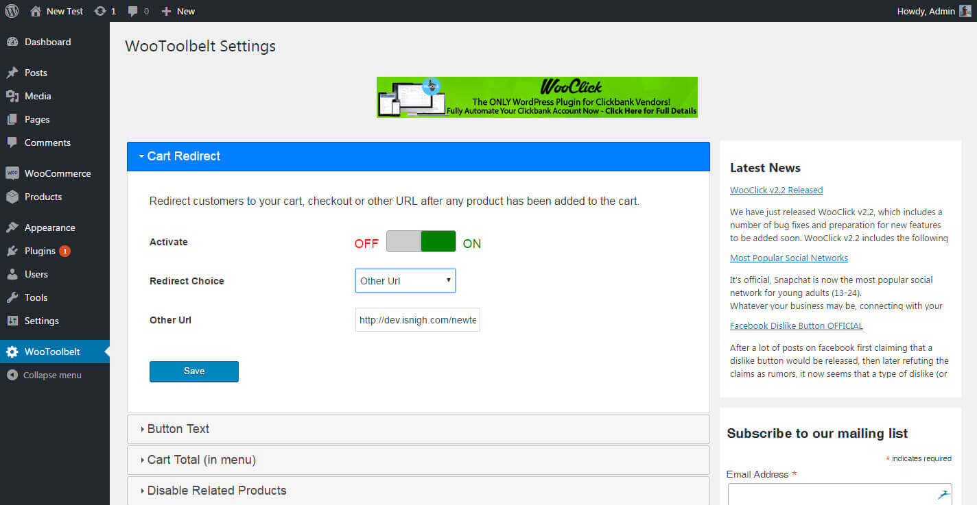 Cart Redirect Settings