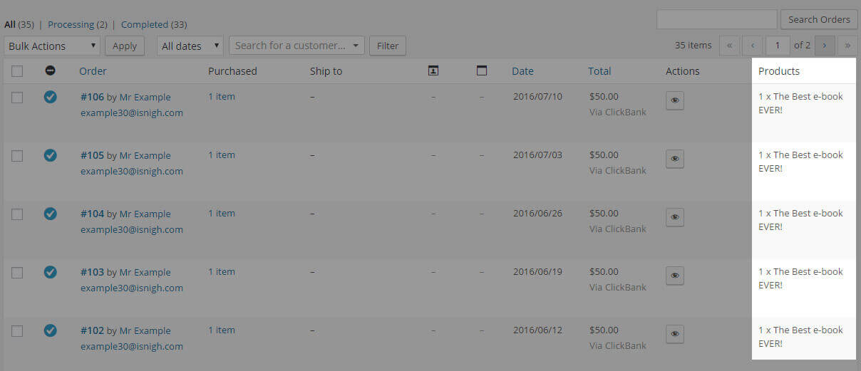 WooCommerce Order screen with ordered item column displayed