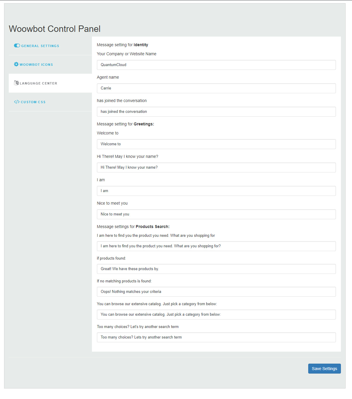 Woocommerce chatbot HUD for Language Management