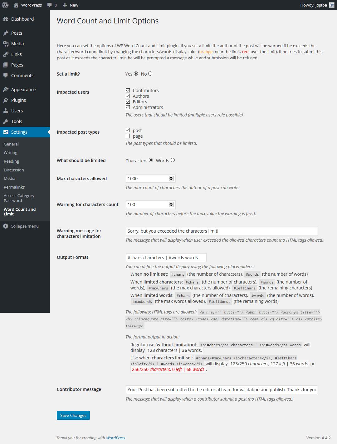 The Options page with characters limit