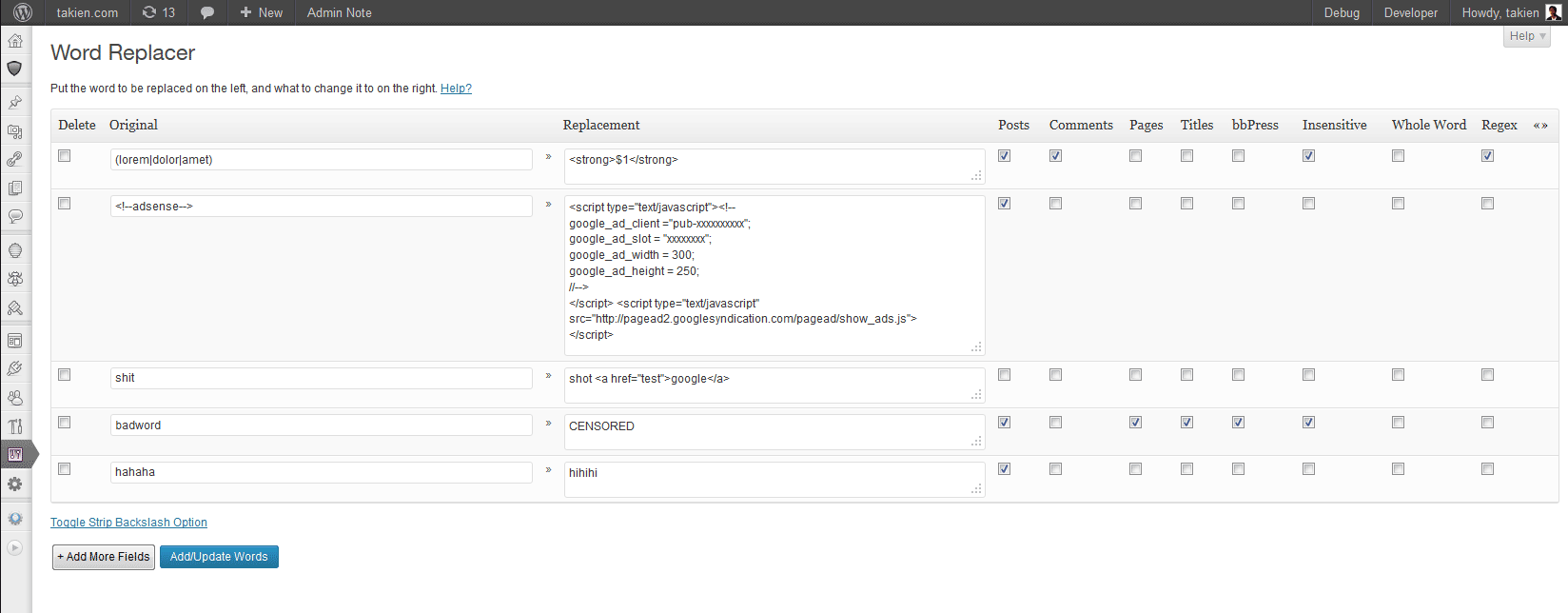 Settings page where you can add/remove your words.