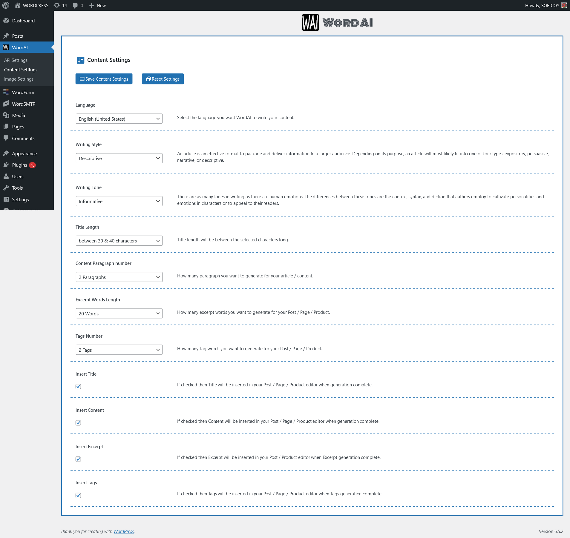 WordAI API Content Settings page