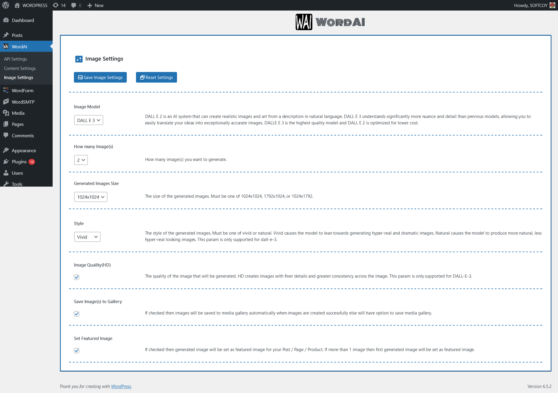 WordAI API Image Settings page