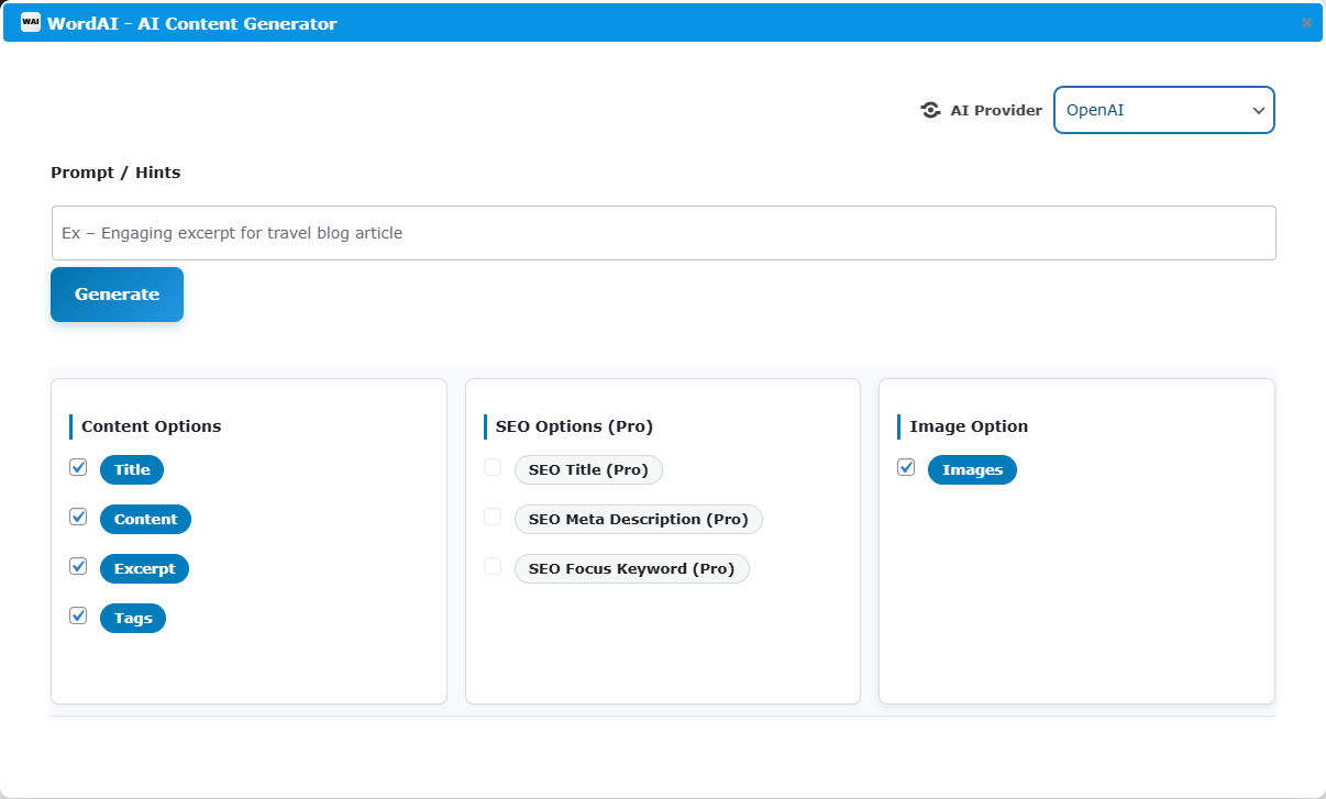 WordAI AI Content Generator modal window opened from the editor WordAI metabox button