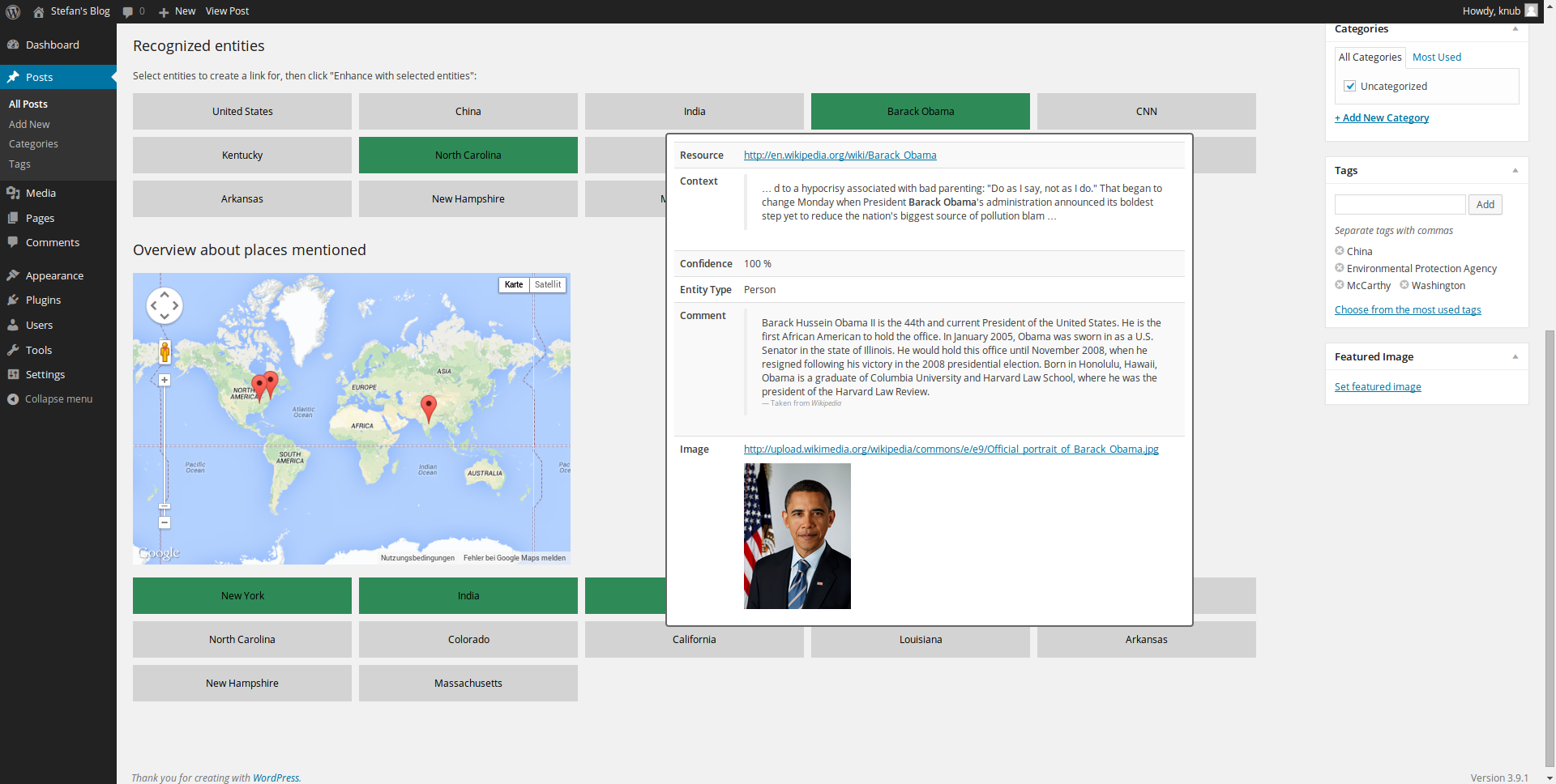 This shows the selected entities to auto-link and auto-tag (North Carolina and Barack Obama), the infobx with detailed information about Barack Obama, and the auto-created map, which currently displays New York, India, and some other state in the USA. Also note the tags on the right side, which have already been added.