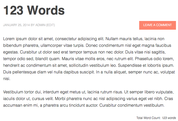 This screen shot showing the wordcount below a sample lipsum blog post of 123 words