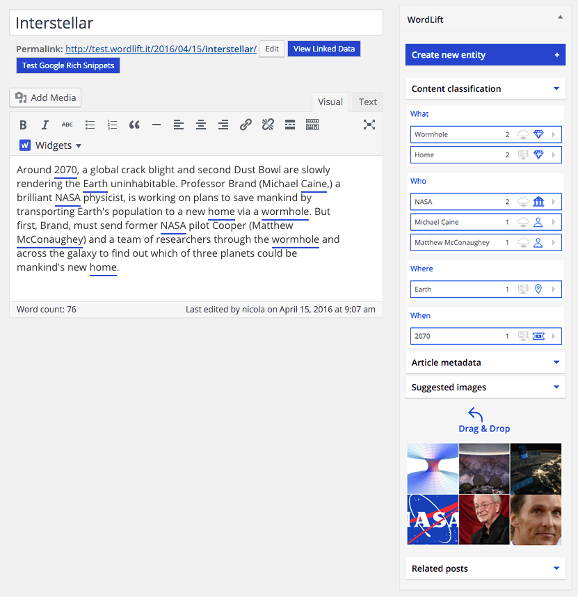 The slick [WordLift Edit Post Widget](http://docs.wordlift.io/en/latest/analysis.html#wordlift-edit-post-widget).