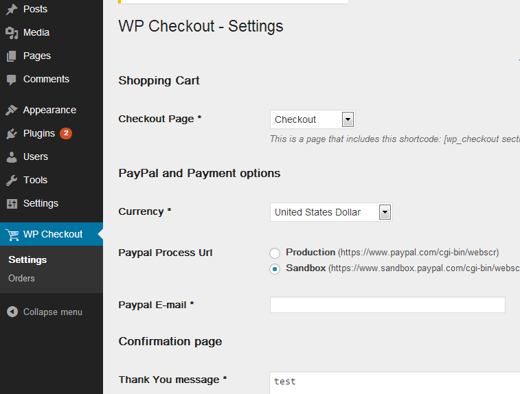 WP Checkout settings