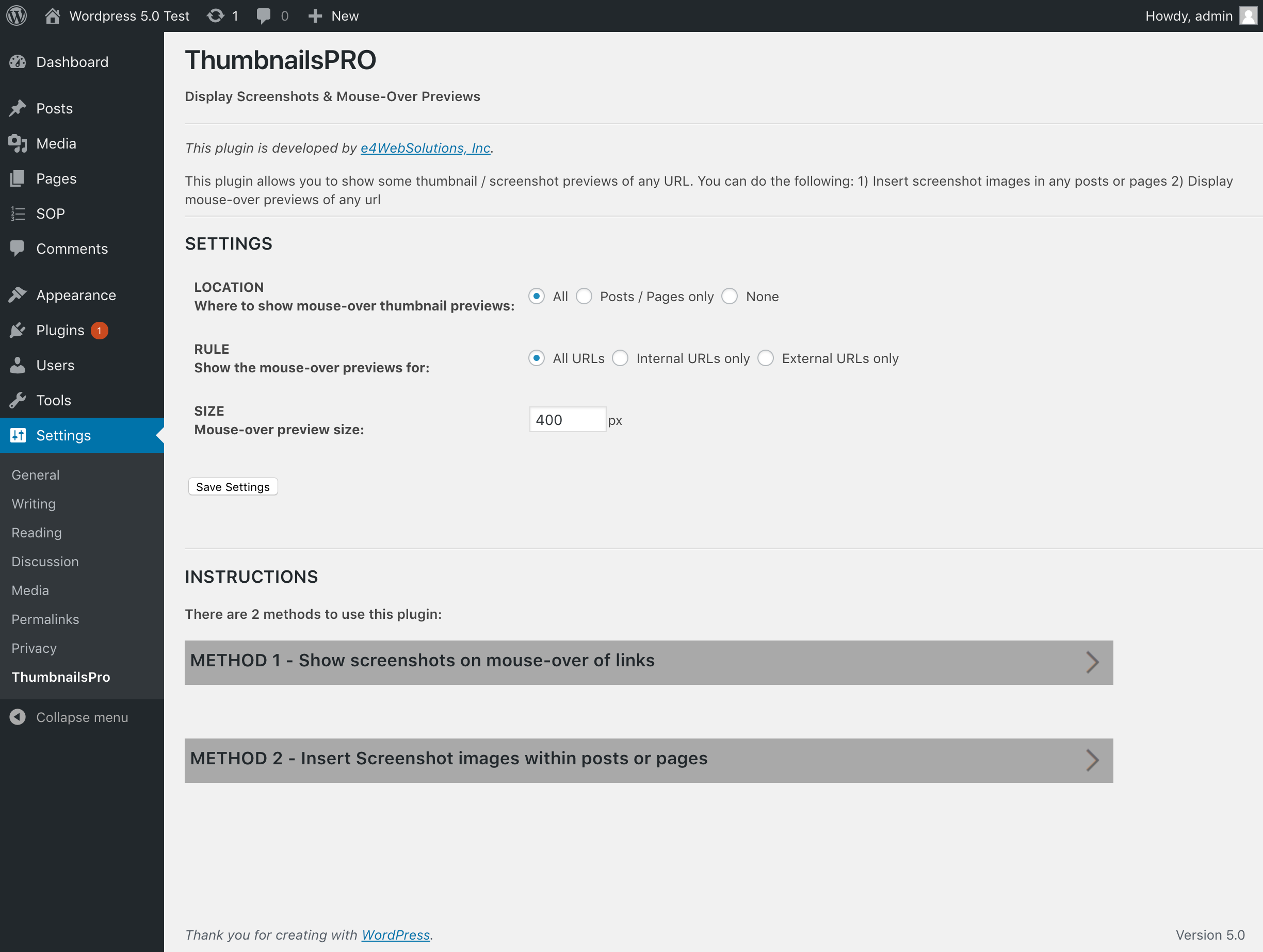 Admin Settings & Instructions page. It can be found under "Settings->ThumbnailsPro" Once Plugin is activated