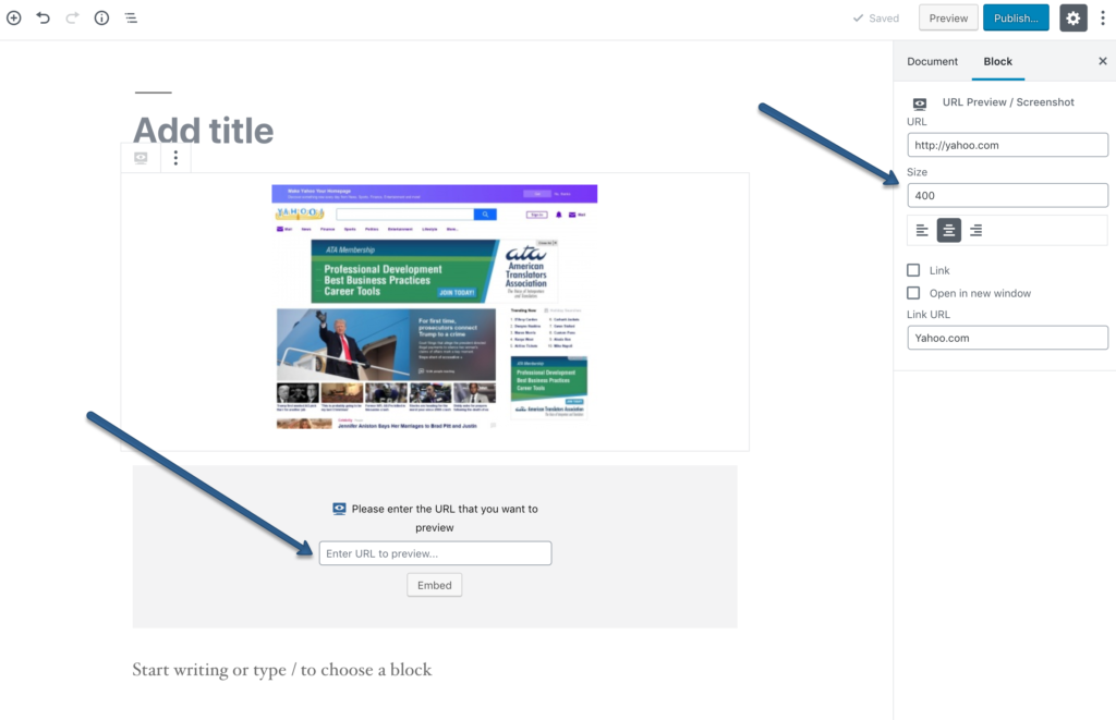 Gutenberg default block to enter url to take screenshot of and sidebar settings to control alignment, link of screenshot and size