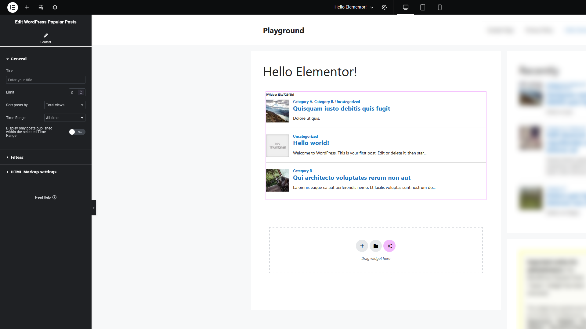 The WordPress Popular Posts widget for Elementor.