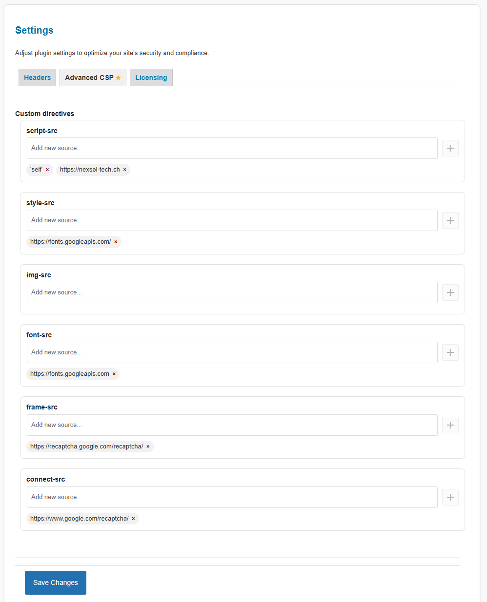 Advanced CSP configuration panel, in this tab you can whitelist the external resources and assure a fully functional website without lowering the level of protection.