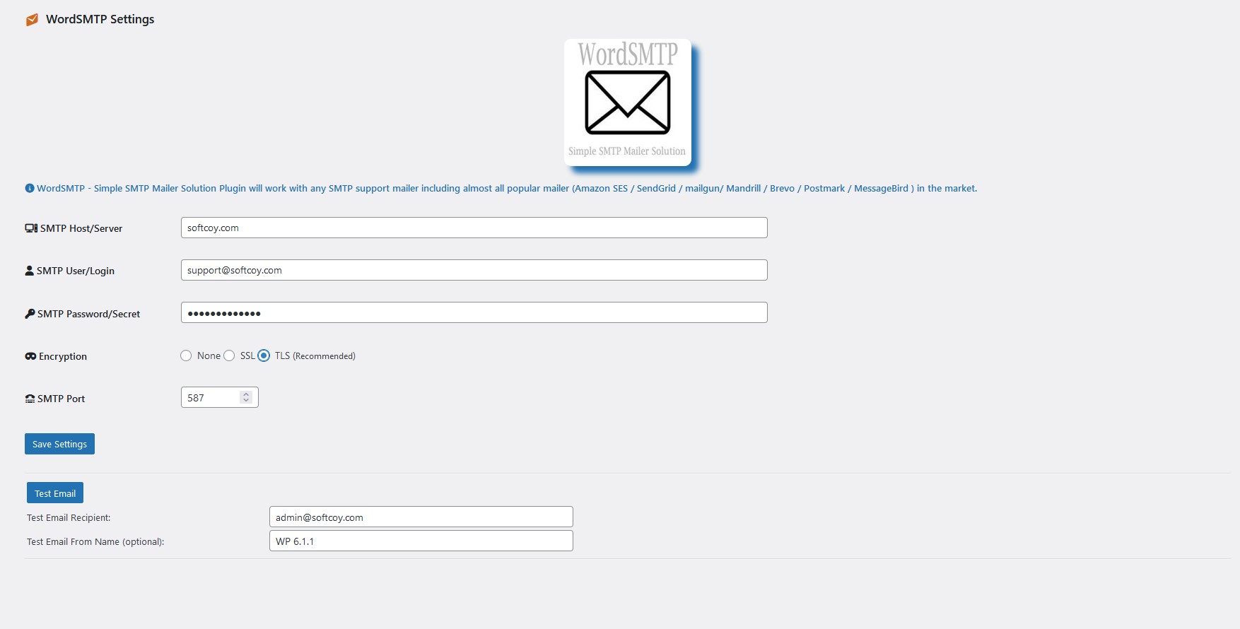Complete the WordSMTP setting options to make it work with your WordPress or WooCommerce in image screenshot-2.jpg.