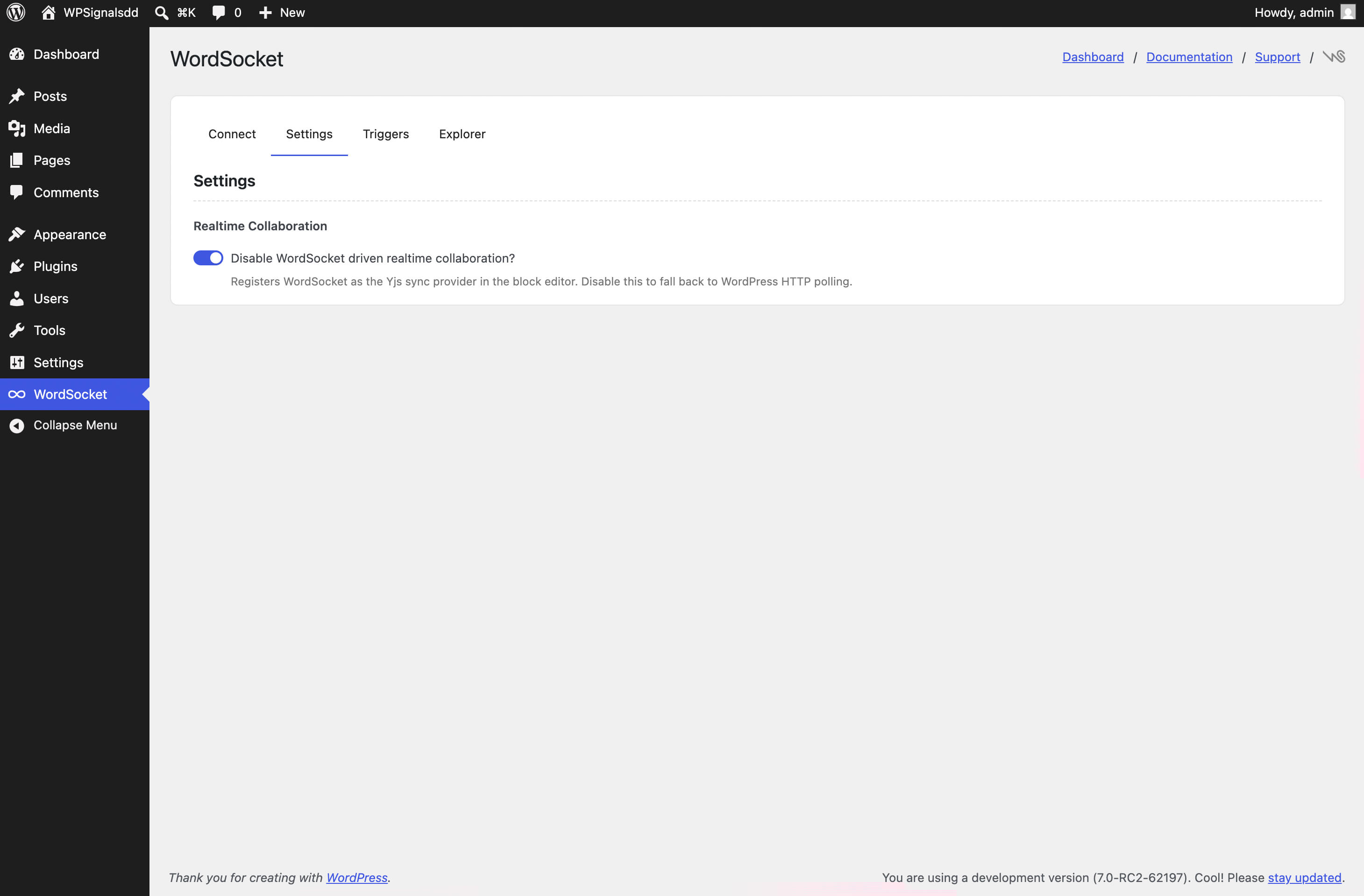 Triggers tab: no-code trigger builder — map WordPress action hooks to realtime events with channel and event name fields.