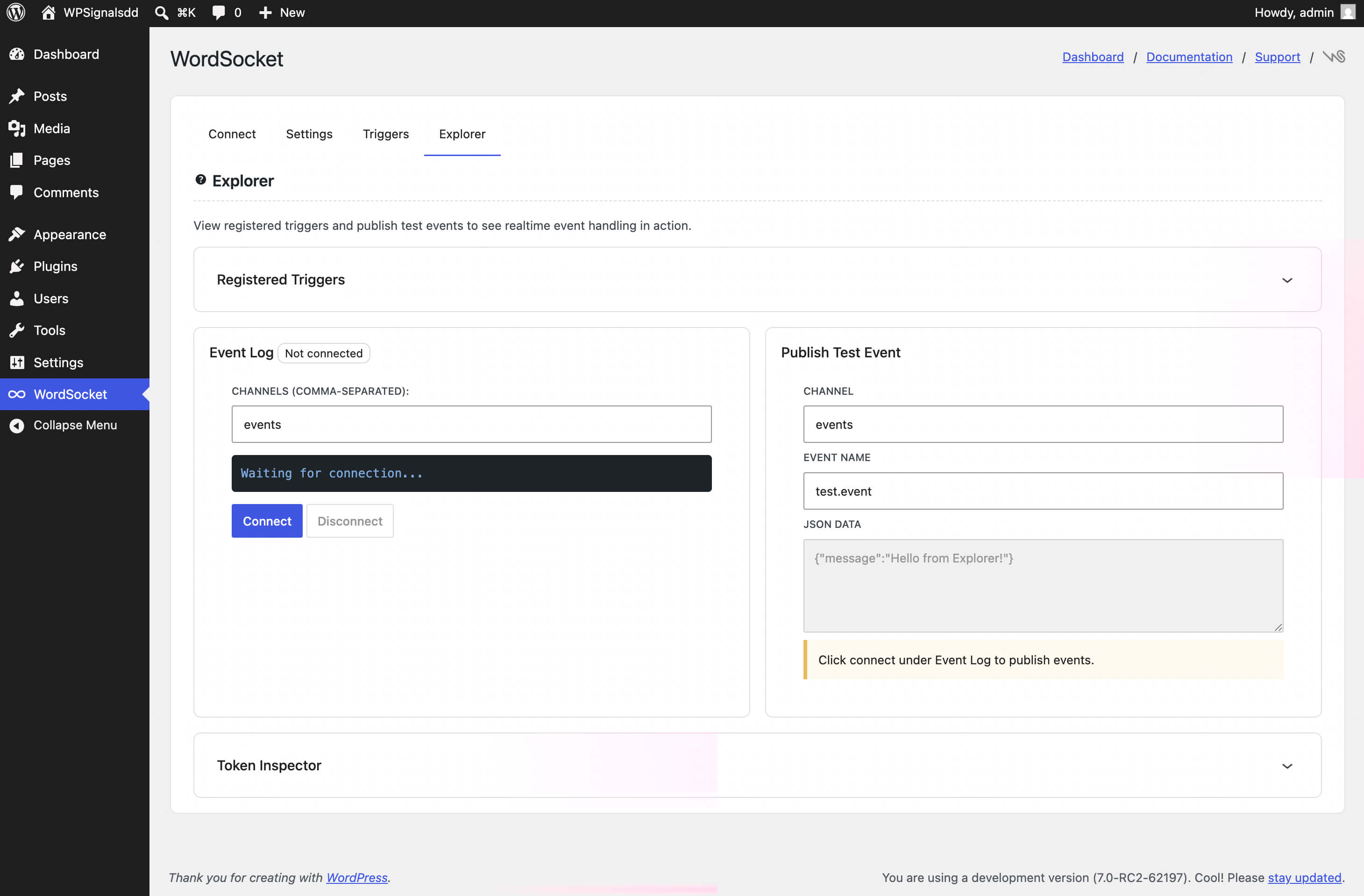 Explorer tab (connected): live Event Log showing an active WebSocket connection and an incoming encrypted event, with a test event published successfully.