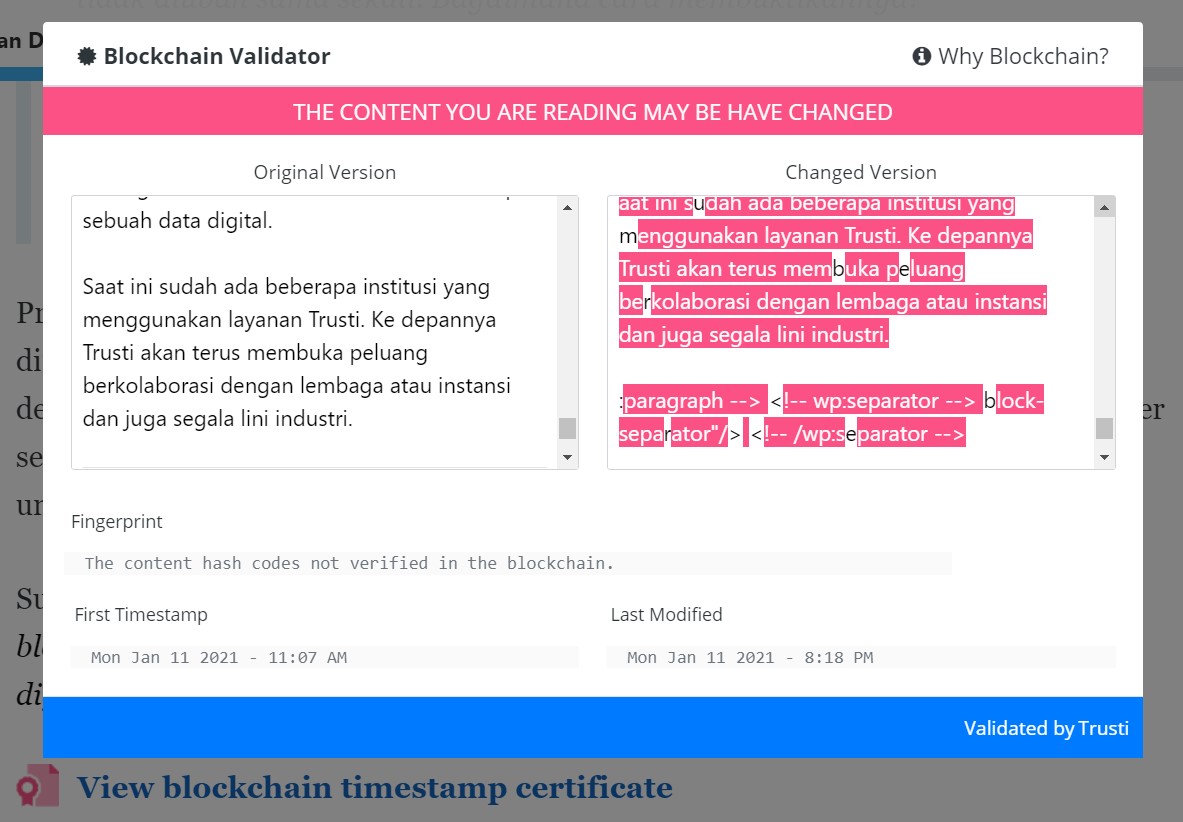 The pop-up your visitors can use to verify your content.