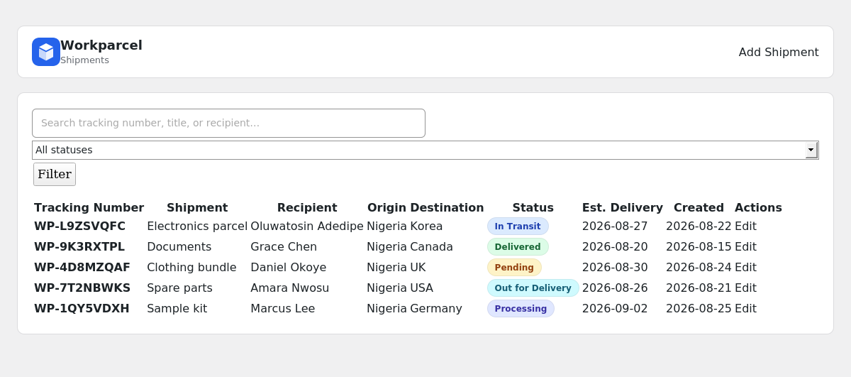 Shipments — a searchable, filterable list with color-coded status badges.