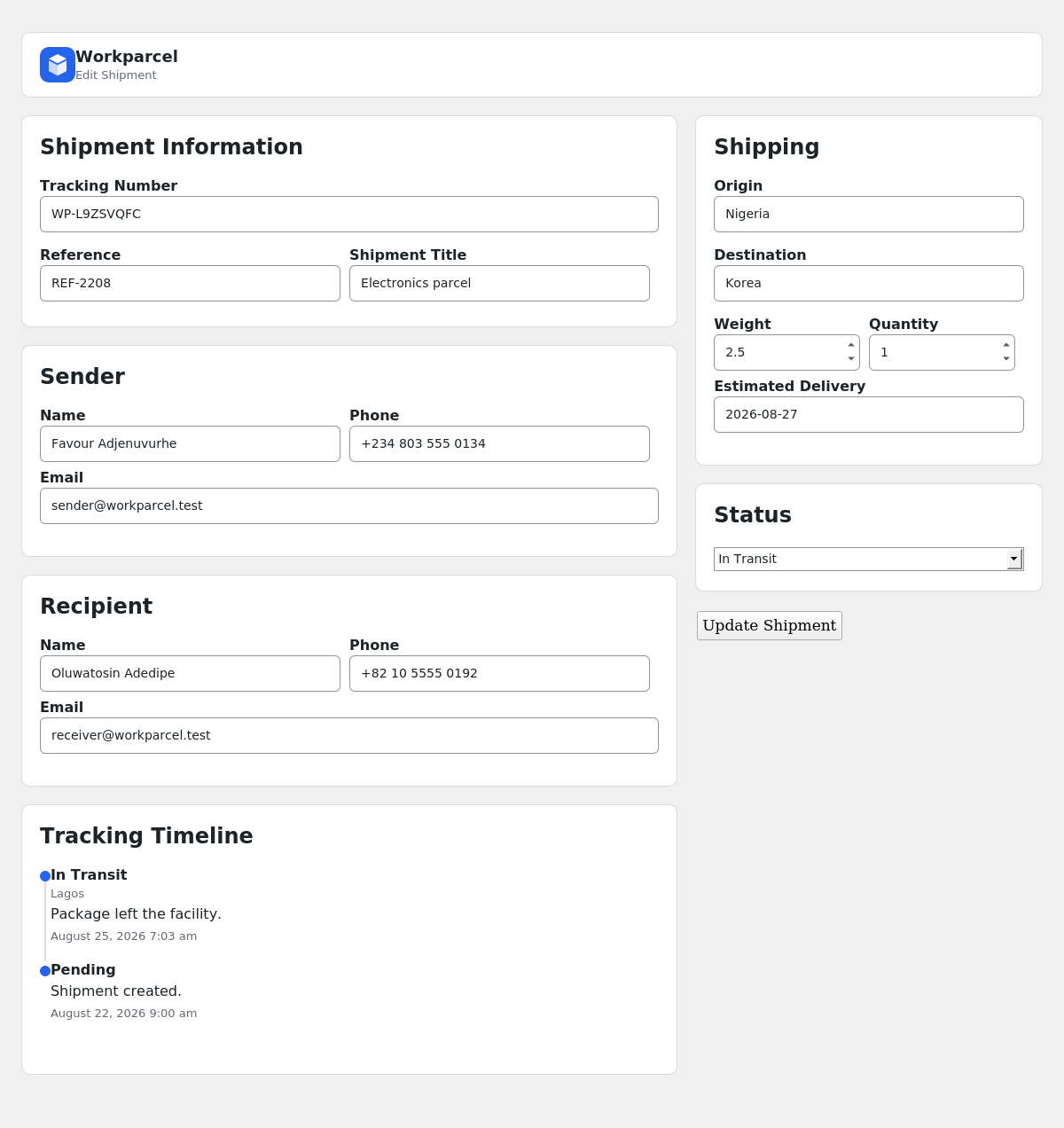 Add/Edit Shipment — sender, recipient, and shipping details organized into clear sections, plus the tracking timeline.