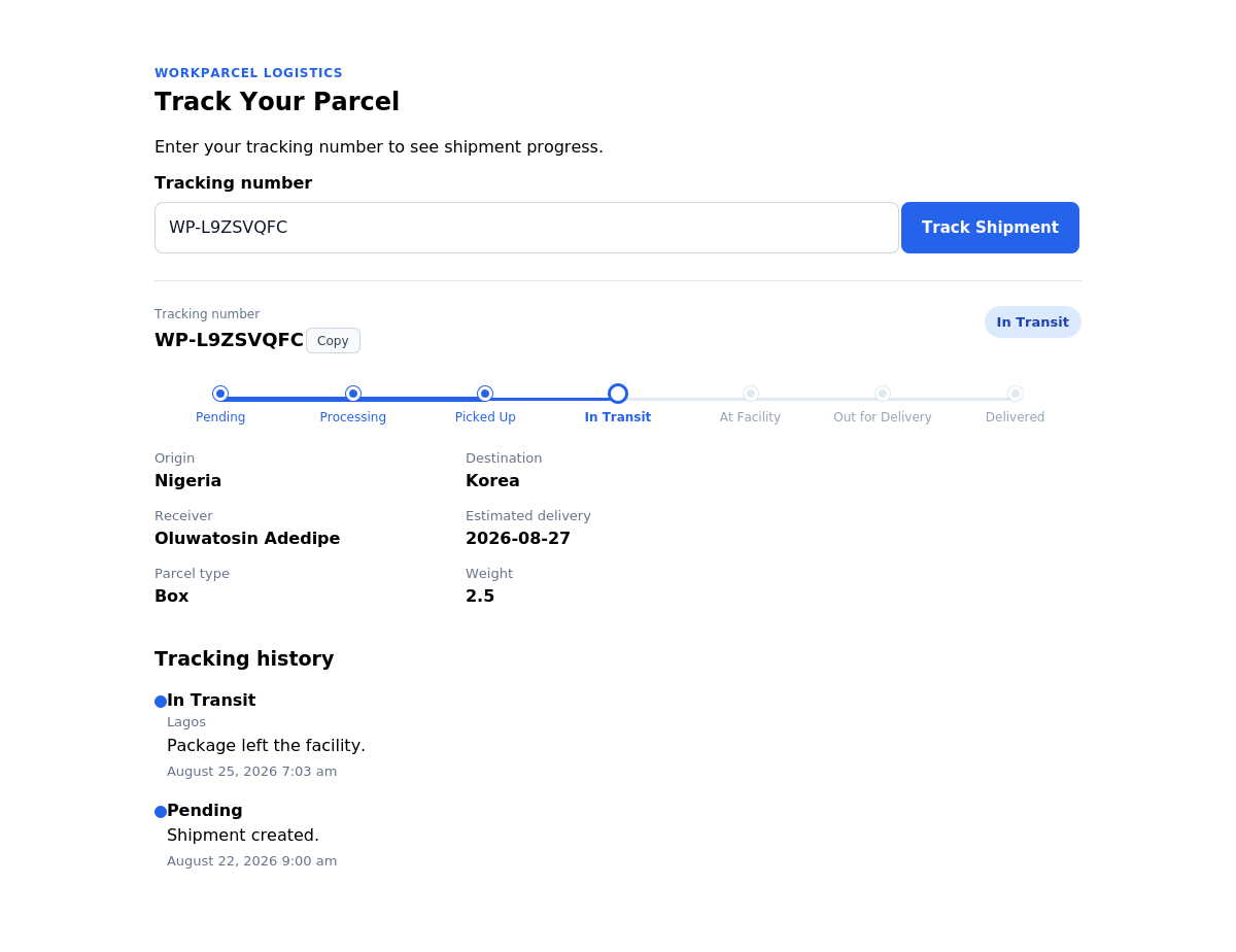 Public tracking page — a plain, full-width, theme-agnostic tracker with a live progress stepper.