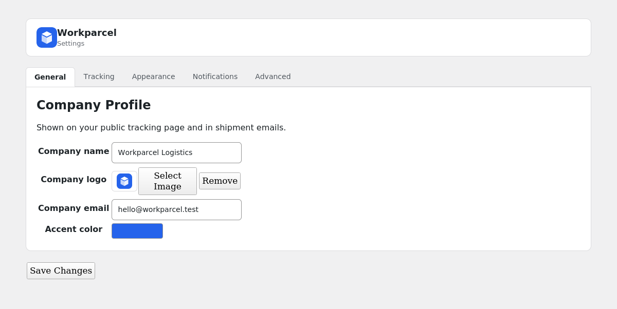 Settings — company branding, your own accent color, and notification preferences.