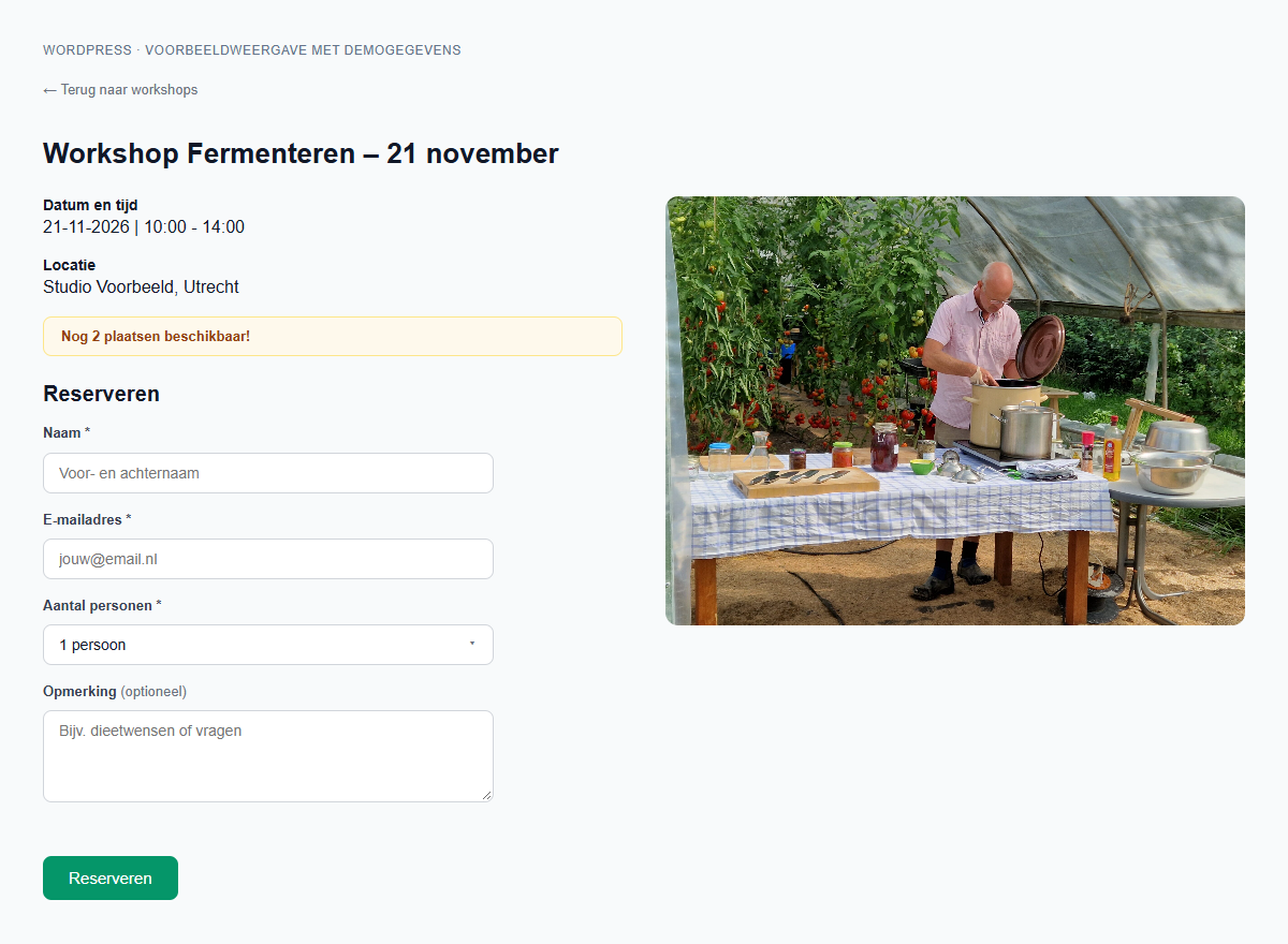 WordPress: workshop details and the registration form for one or more participants. Example workshop data.