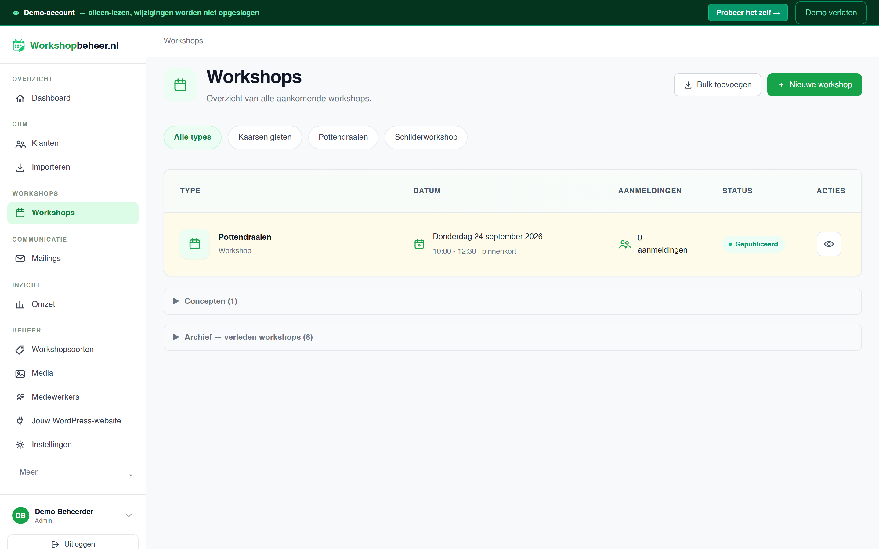 Workshopbeheer web app: manage published and draft workshops. This administration screen is part of the external service.