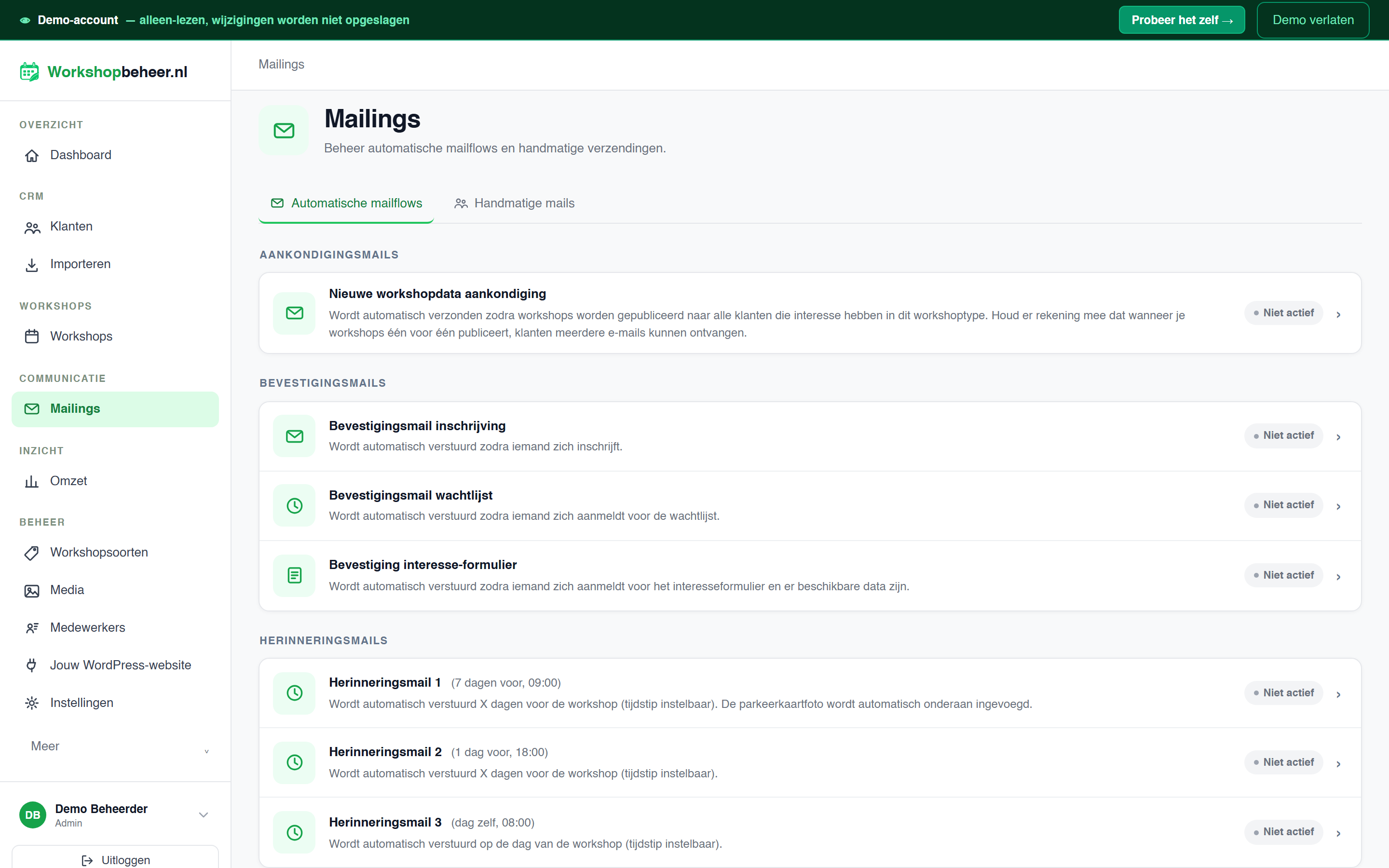Workshopbeheer web app: configure confirmation emails and reminders; mailflows must be enabled to send automatically.