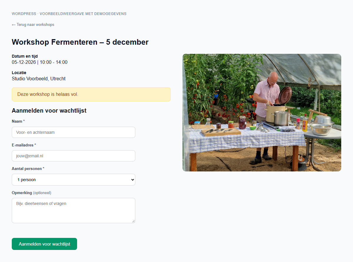 WordPress: the waiting list form displayed for a full workshop. Example workshop data.