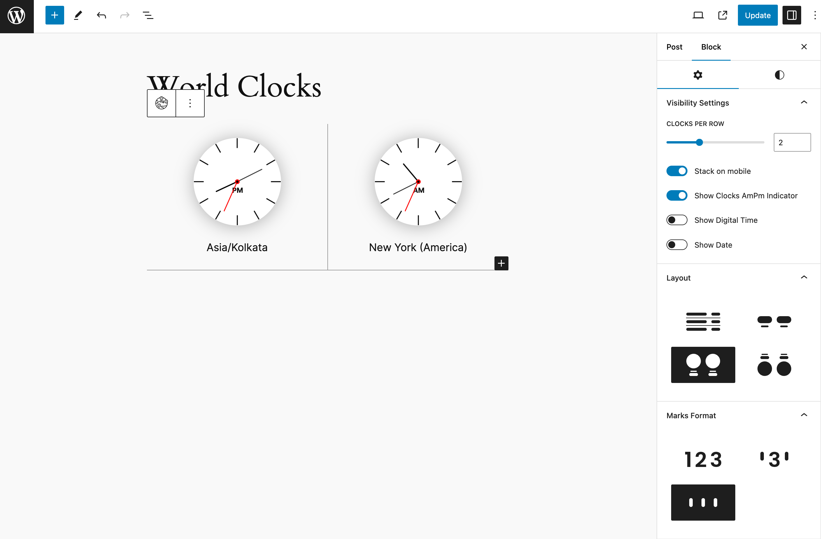 Select Layout for the World Clocks block.
