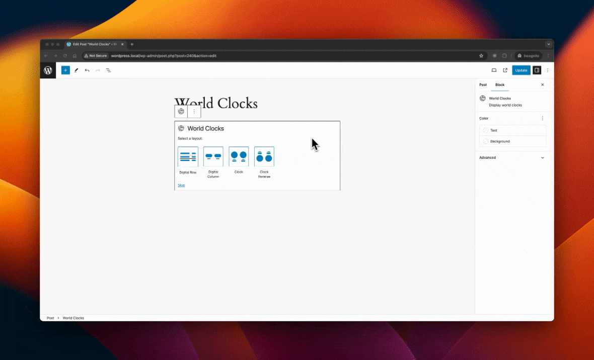 Layout - Digital Column for the World Clocks block.