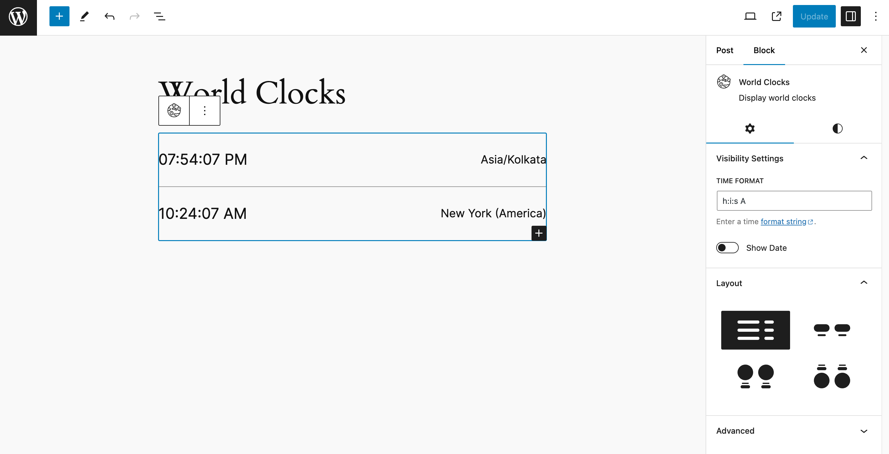 Layout - Clock Reverse for the World Clocks block.