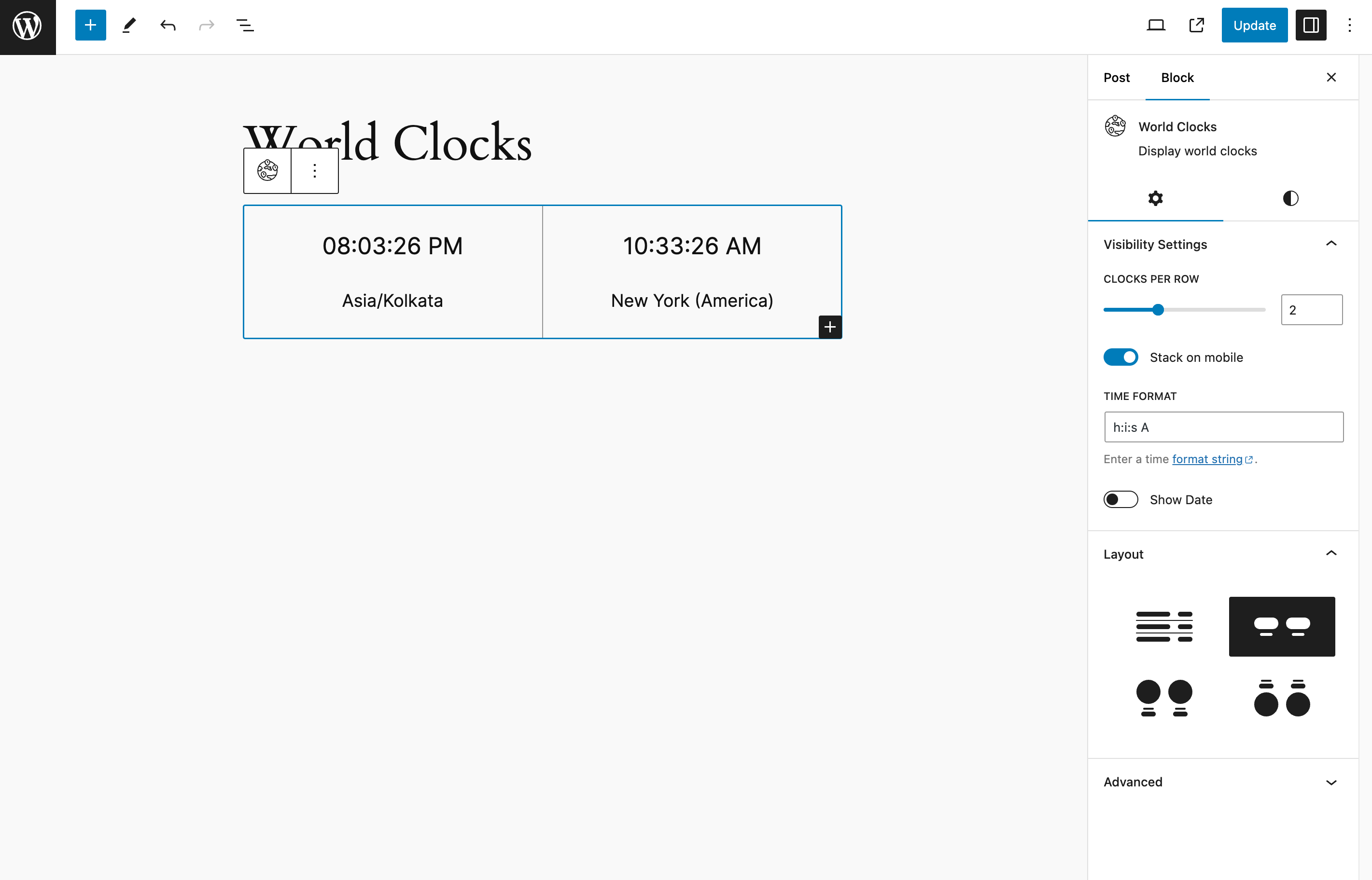 Marsk Format - Number for the World Clocks block when the Layout is selected as Clock or Clock Reverse.