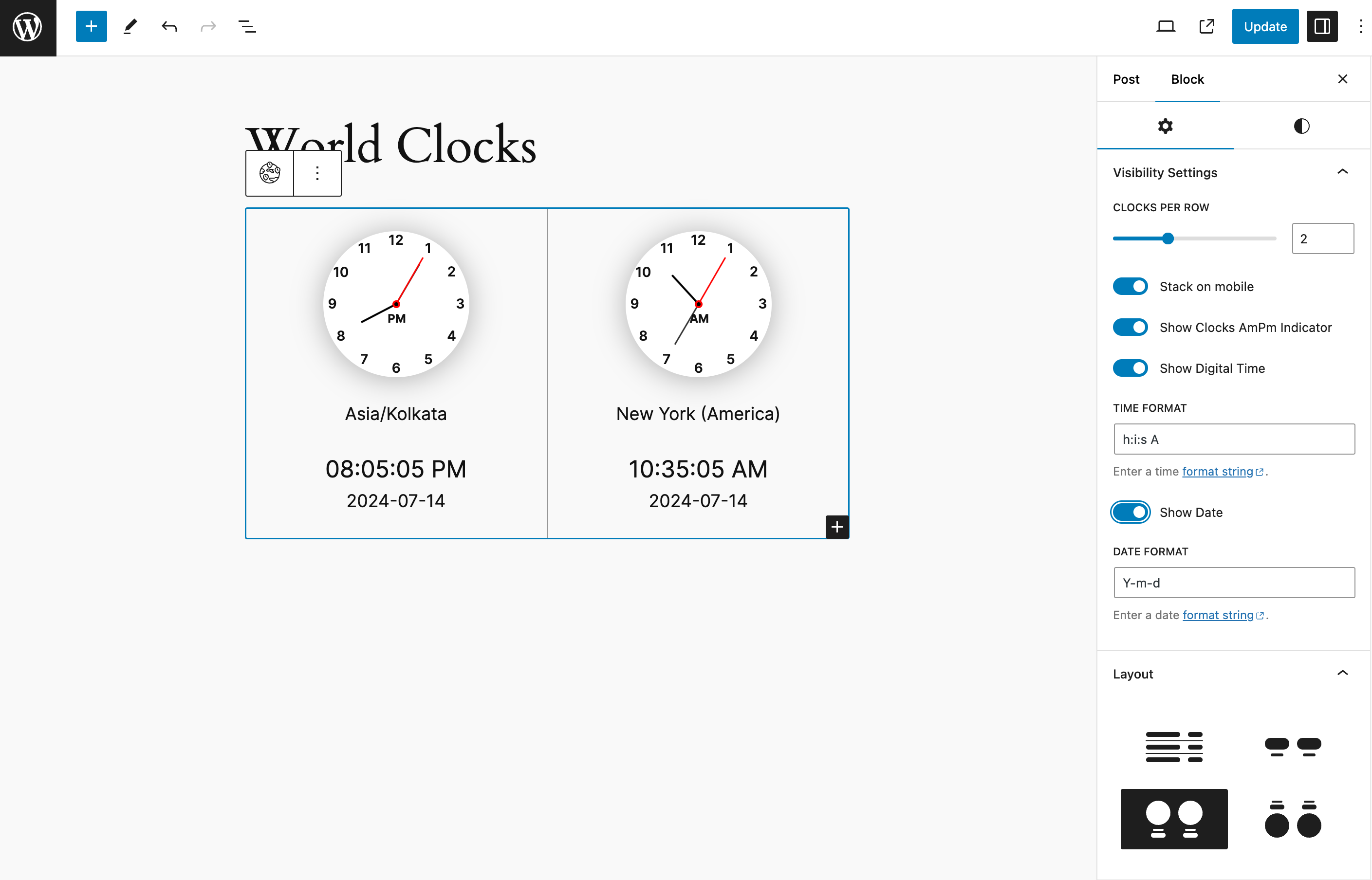 Marsk Format - Combine for the World Clocks block when the Layout is selected as Clock or Clock Reverse.
