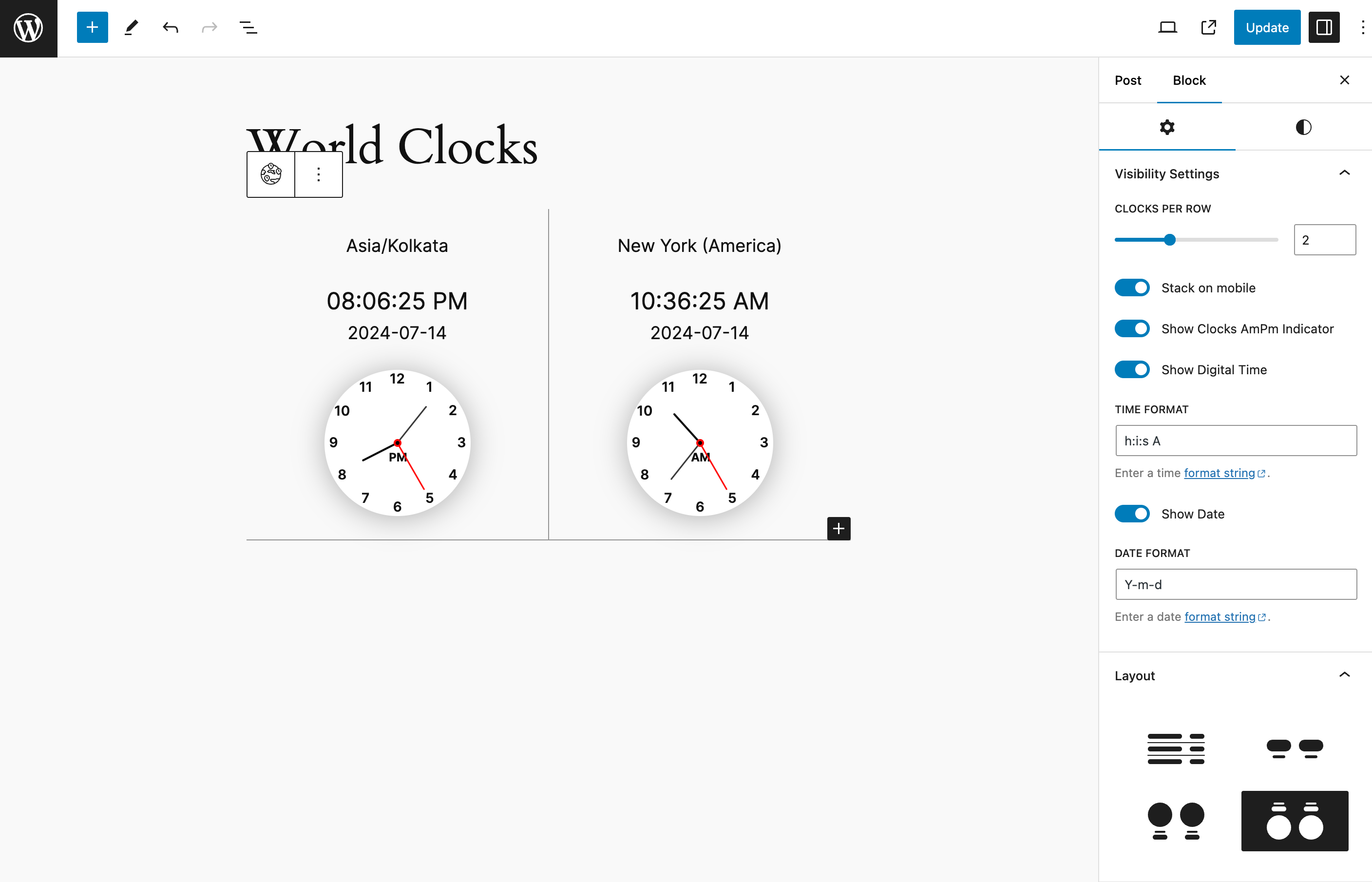 Marsk Format - Line for the World Clocks block when the Layout is selected as Clock or Clock Reverse.