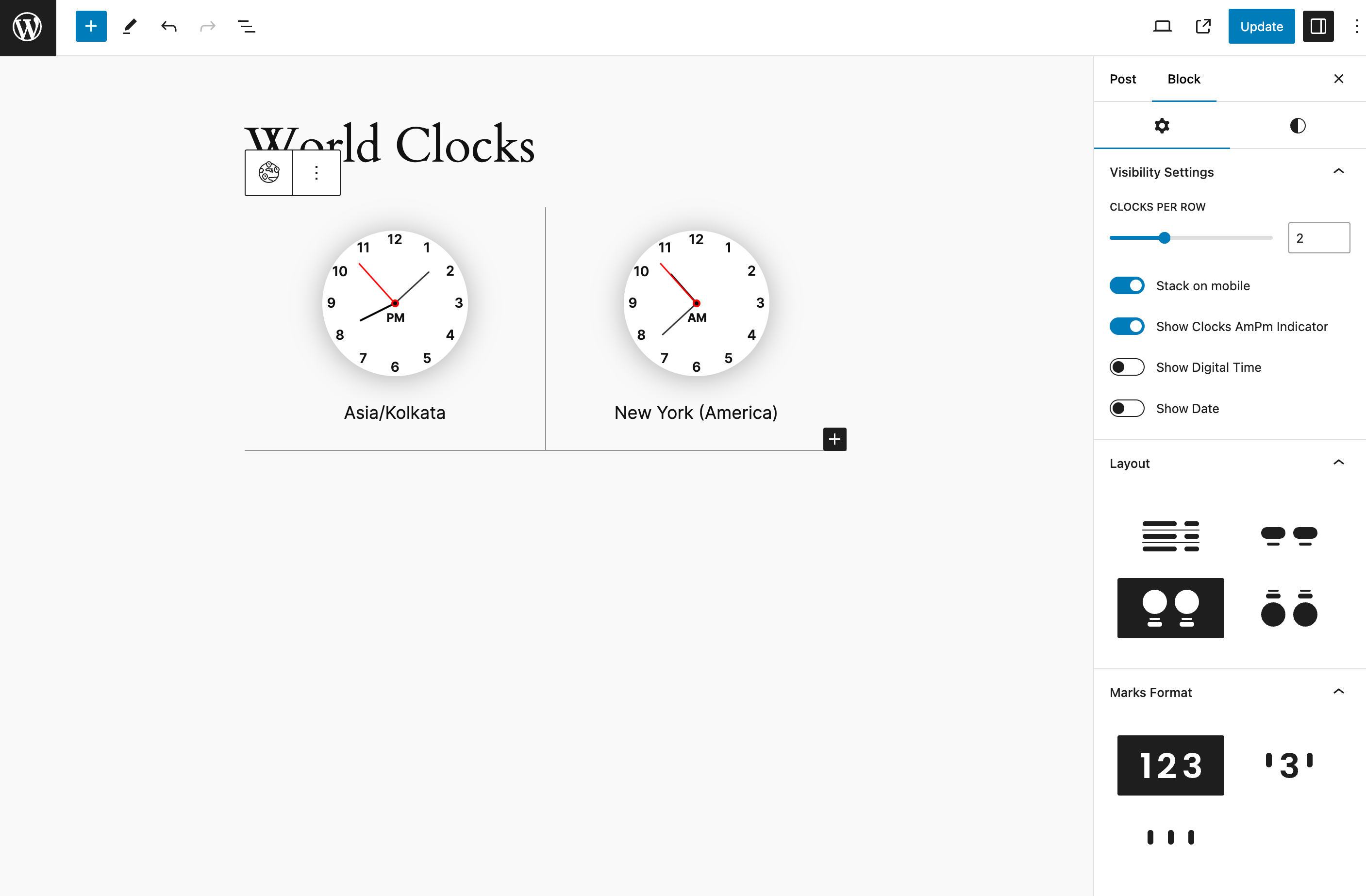 Select Timezone for the Single Clock block.