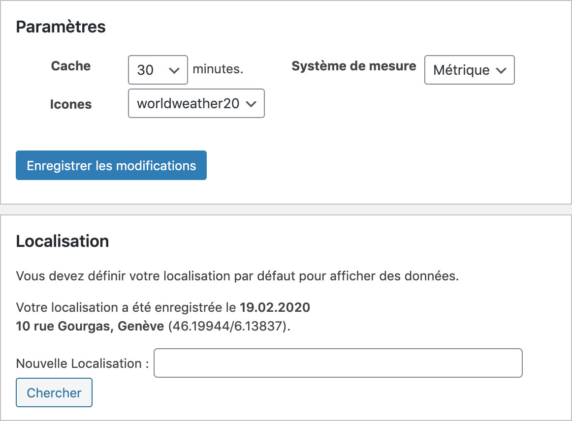 Options : réglages et localisation