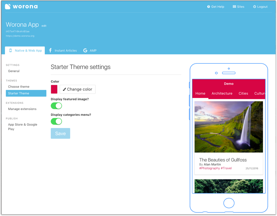 Worona Dashboard. Configure and preview your app in real-time.