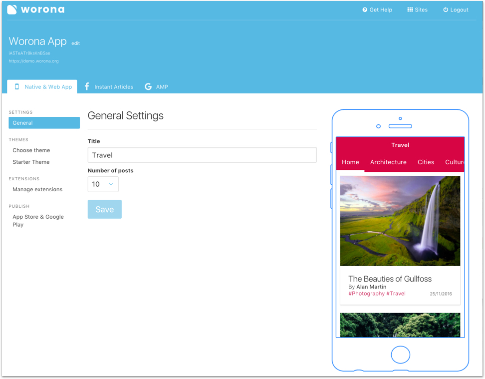 Worona Dashboard. Configure and preview your app in real-time.