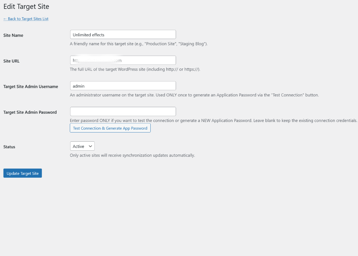 Adding/Editing a Target Site: Form for adding site details and generating the Application Password.