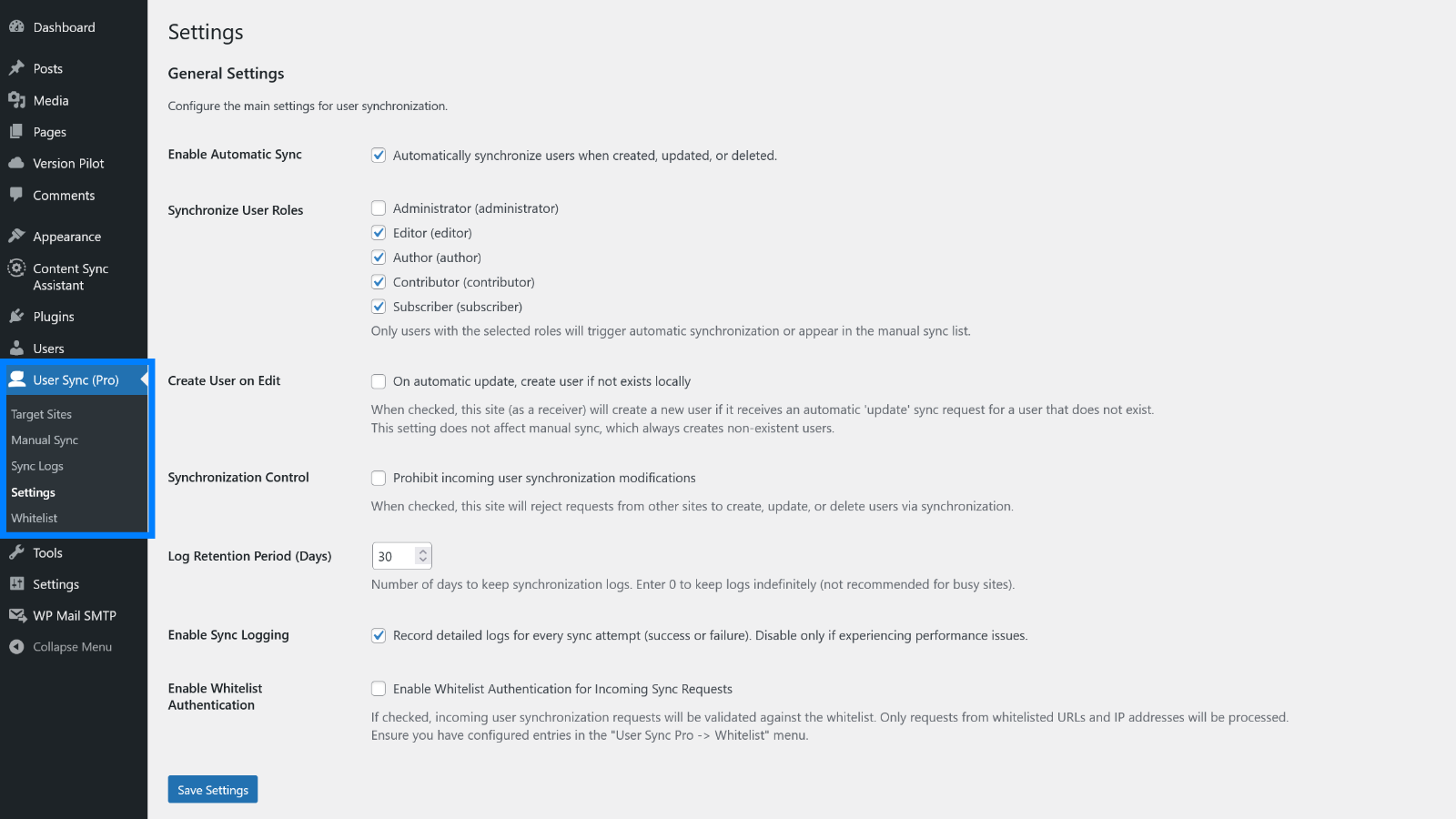 General Settings: Configuration options for auto-sync, roles, and logging.