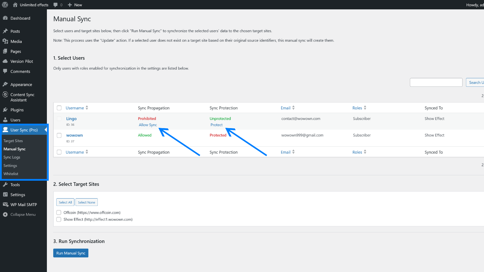 Manual Synchronization Tool: Interface for selecting users and target sites for manual sync.