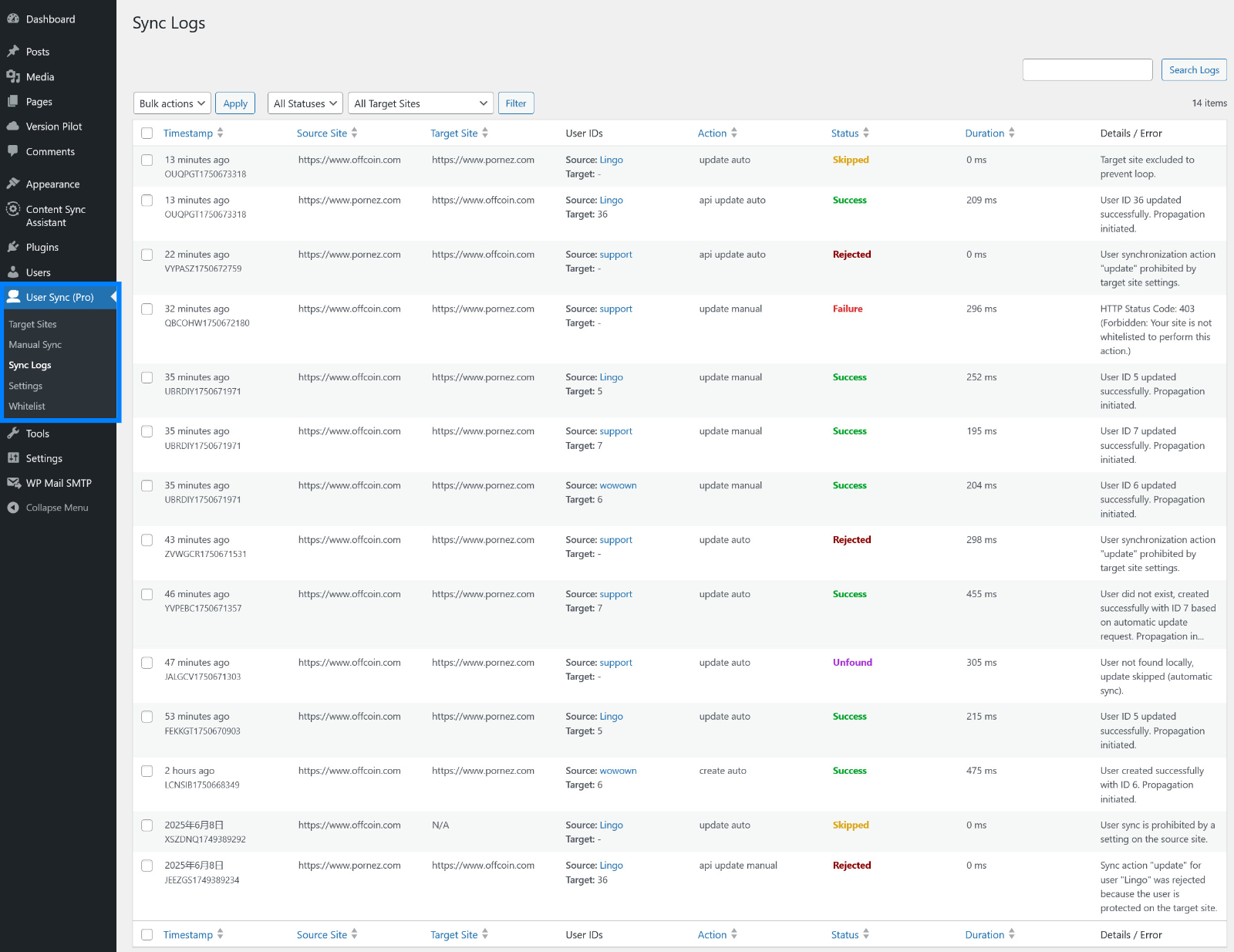 Sync Log Viewer: Detailed view of past synchronization operations with filtering options.