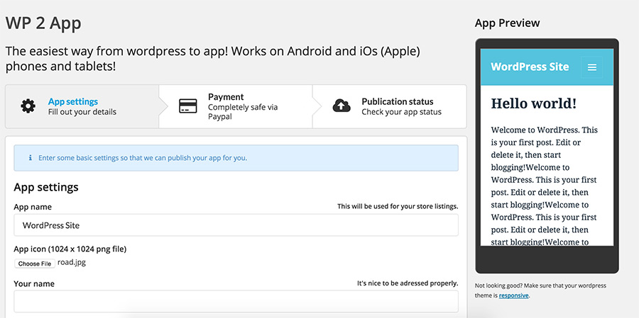 Overview of the 3 steps that it takes to convert yout WordPress site into a mobile app, with a preview on the righthand side.