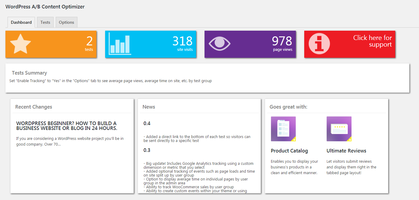 Main dashboard view in the plugin admin.