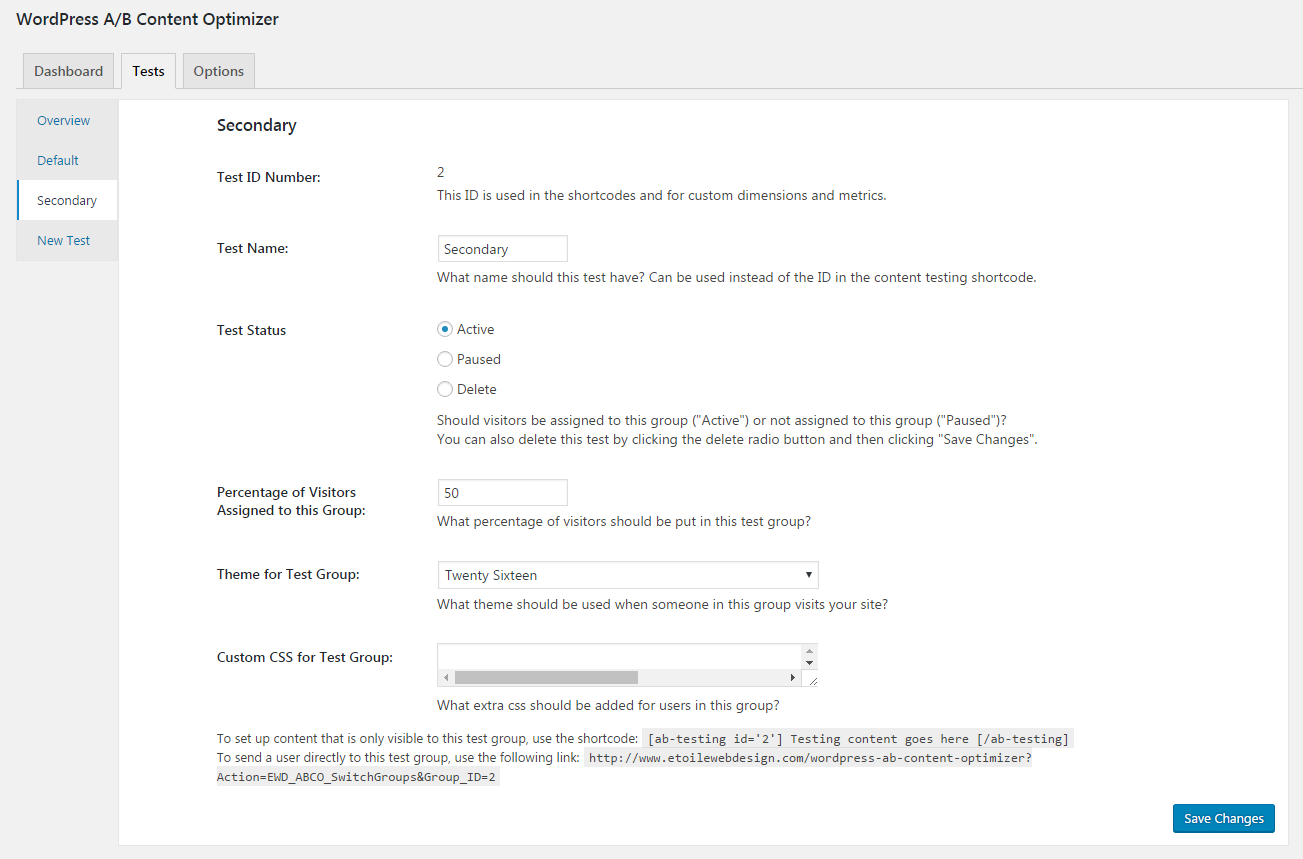 View of a specific test's settings in the admin.